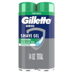 Gillette Series Sensitive shave gel twin pack with green caps.