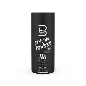 Black L3VEL3 styling powder bottle with white lettering.