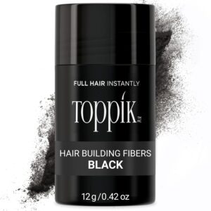 Black Toppik hair building fibers container labeled Black.