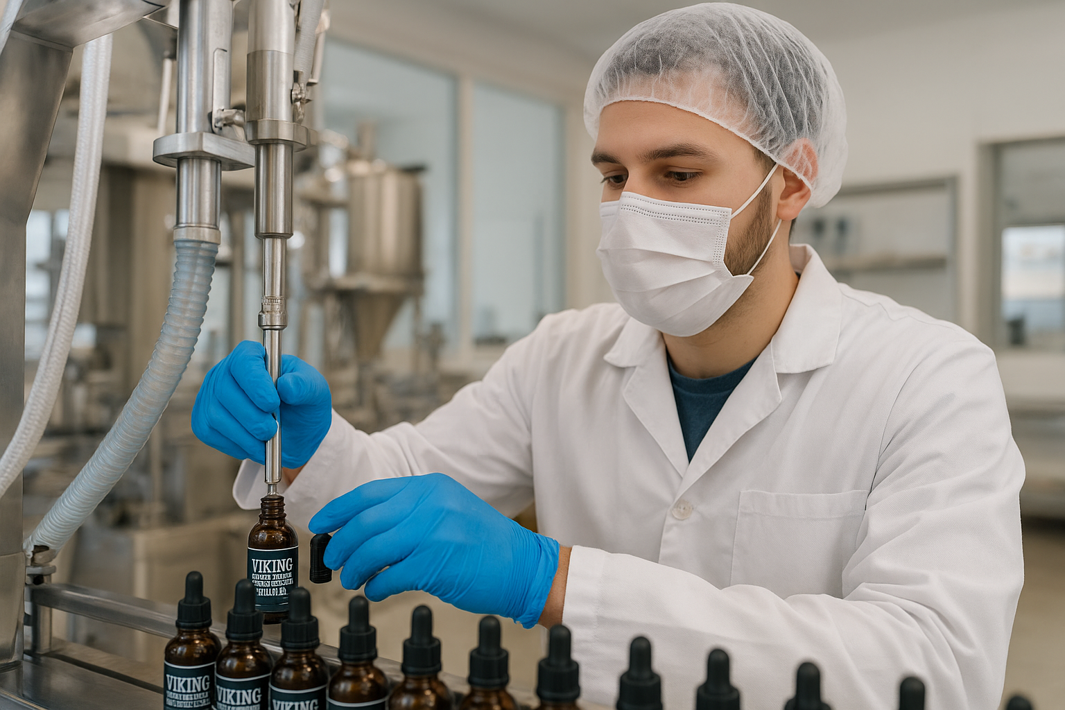 Worker filling Viking Revolution beard oil bottles at Bunjoin OEM factory, Guangzhou China