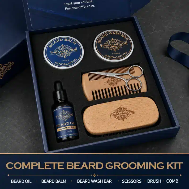 Complete private label beard grooming kit with beard oil, balm, wash, brush and comb