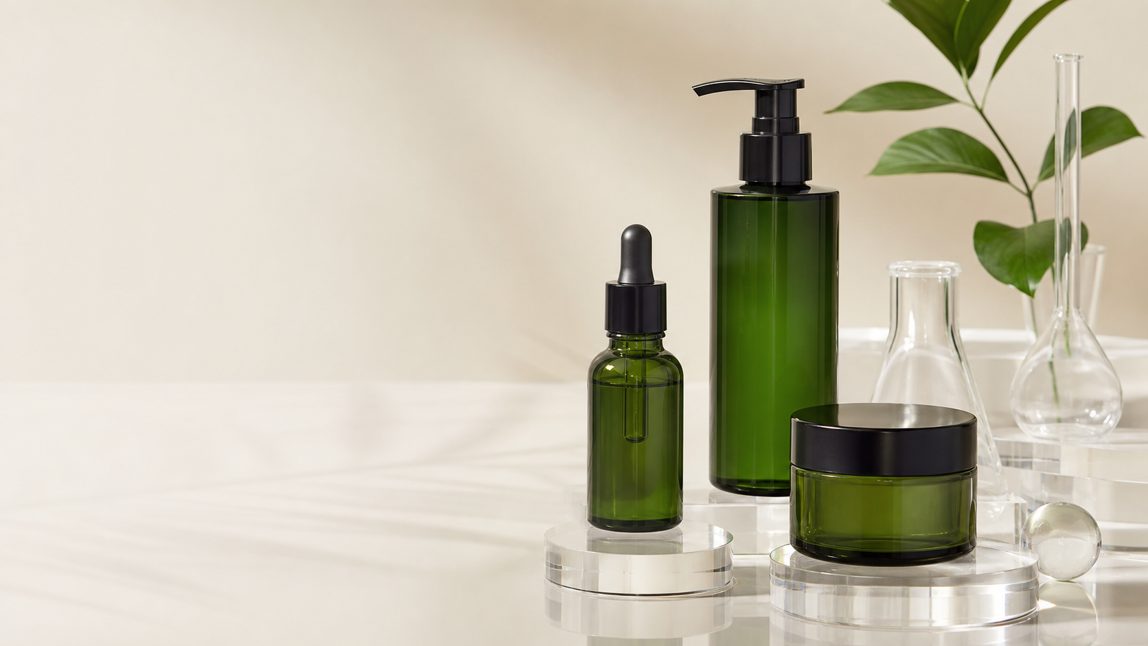 Green glass jar and dropper bottles representing a men's face cream ingredient system