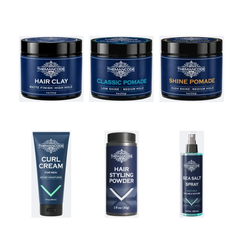 TheManCode hair clay, classic pomade, shine pomade, curl cream, styling powder and sea salt spray