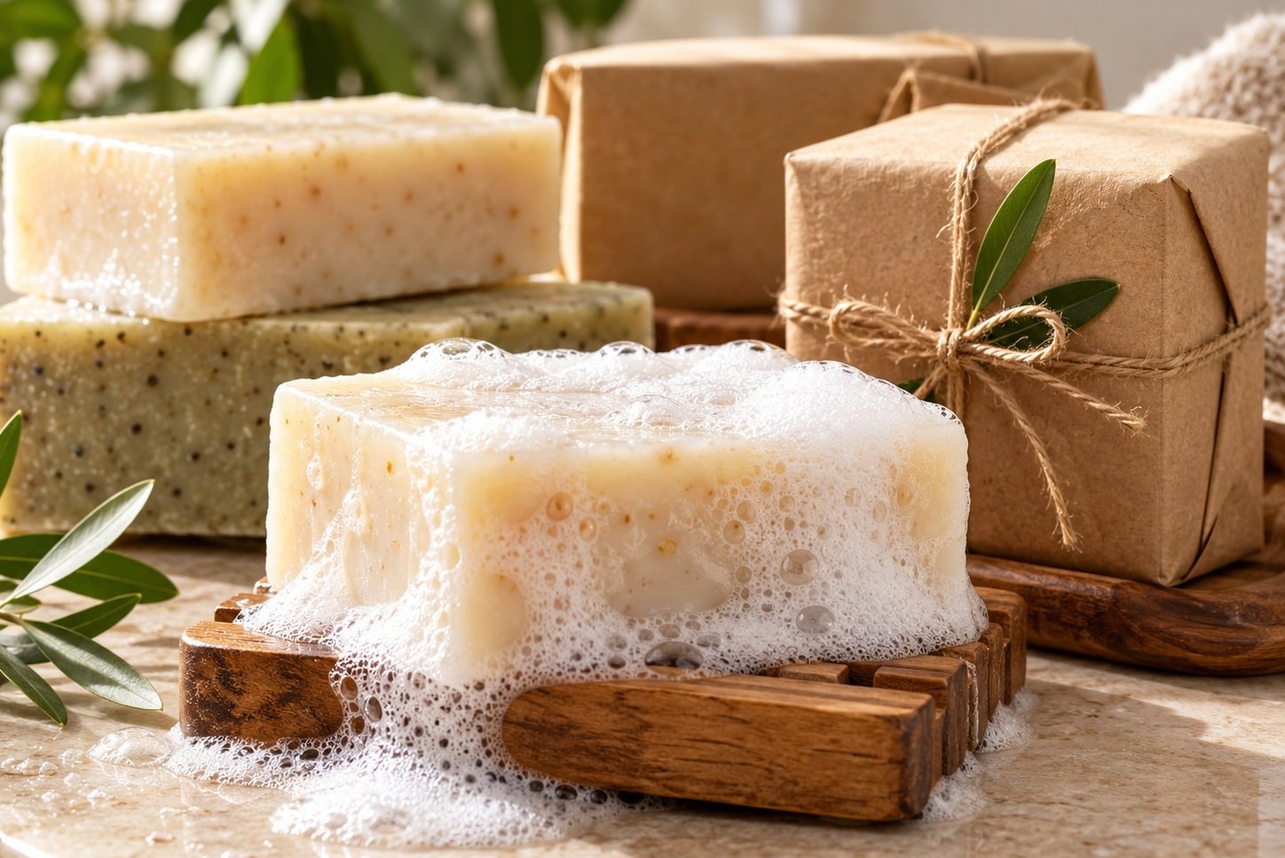 Private label bar soap with rich lather beside kraft paper wrapped packaging