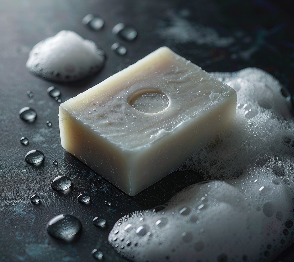 Bar soap with rich lather and water droplets close-up