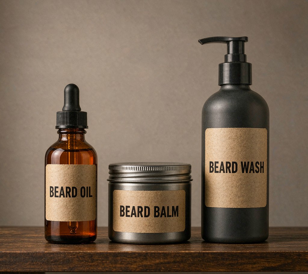 Beard care products lineup with labeled beard oil, beard balm and beard wash bottles