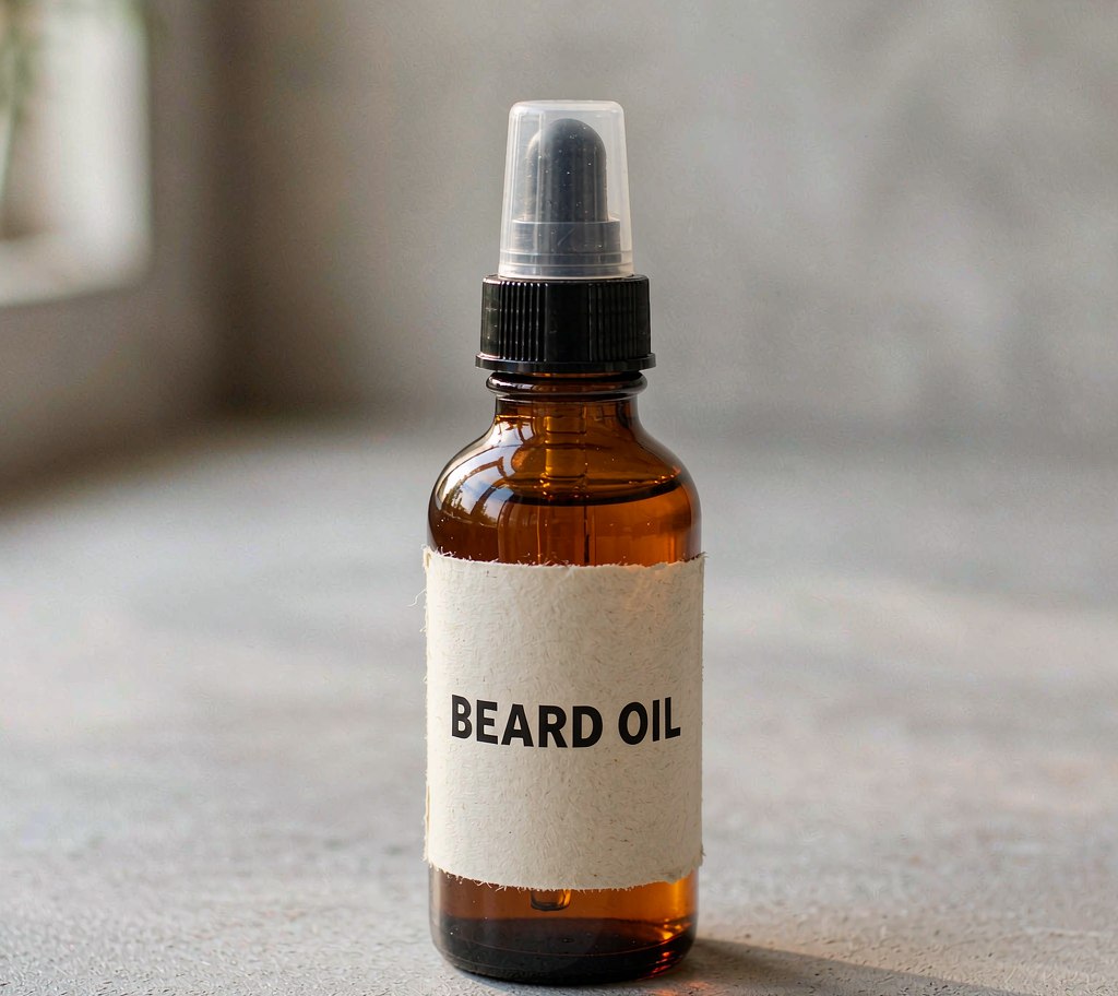 Beard oil dropper bottle in soft morning light