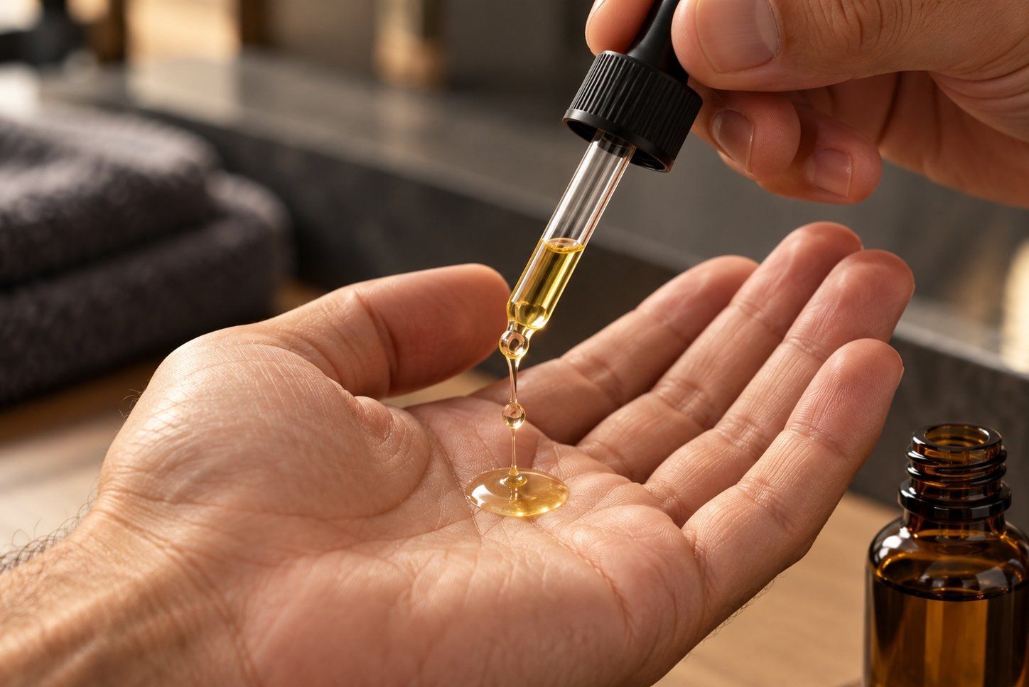 Beard oil dropper bottle held in palm