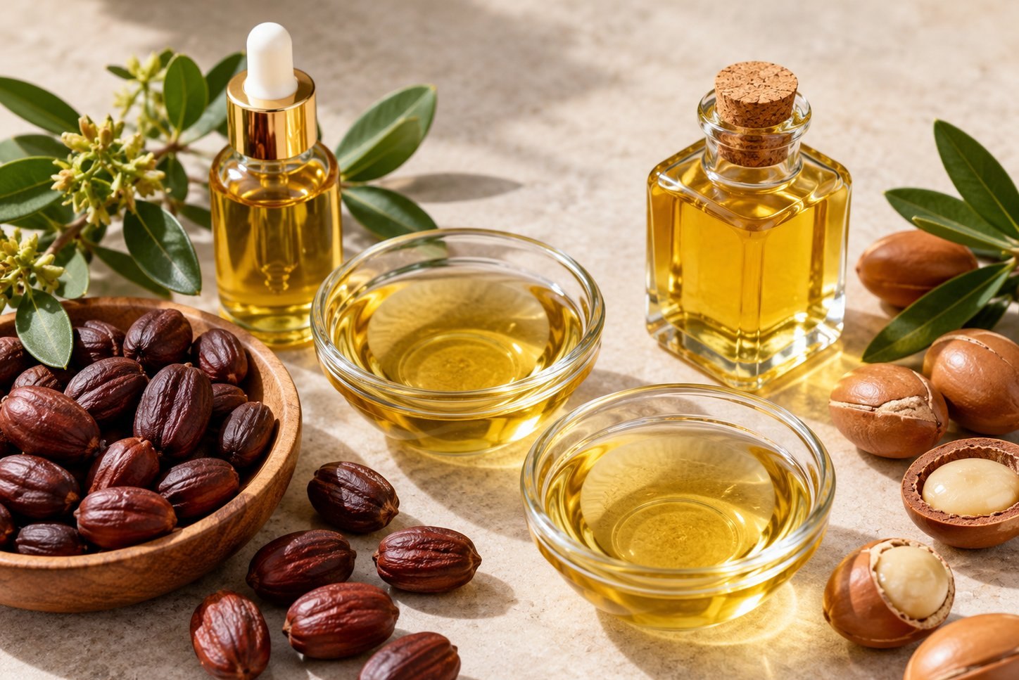 Beard oil ingredients flat lay with carrier oils