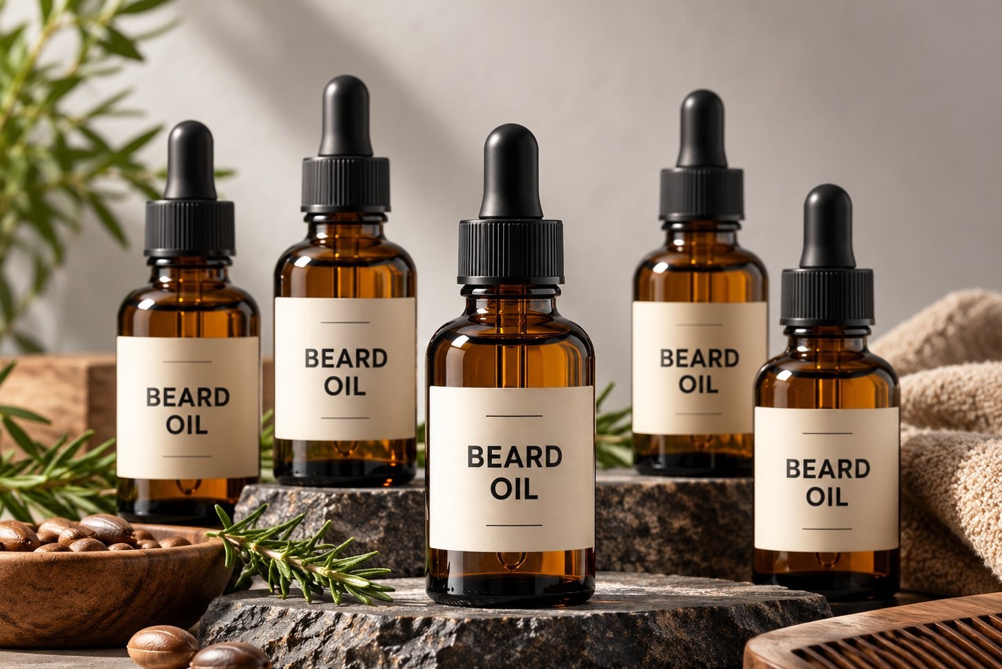 Private label beard oil lineup in amber dropper bottles