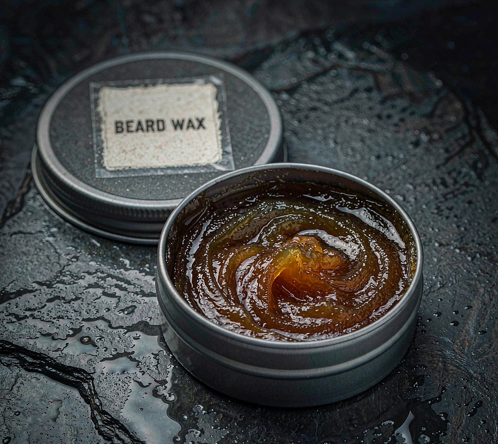 Open beard wax tin with amber wax texture