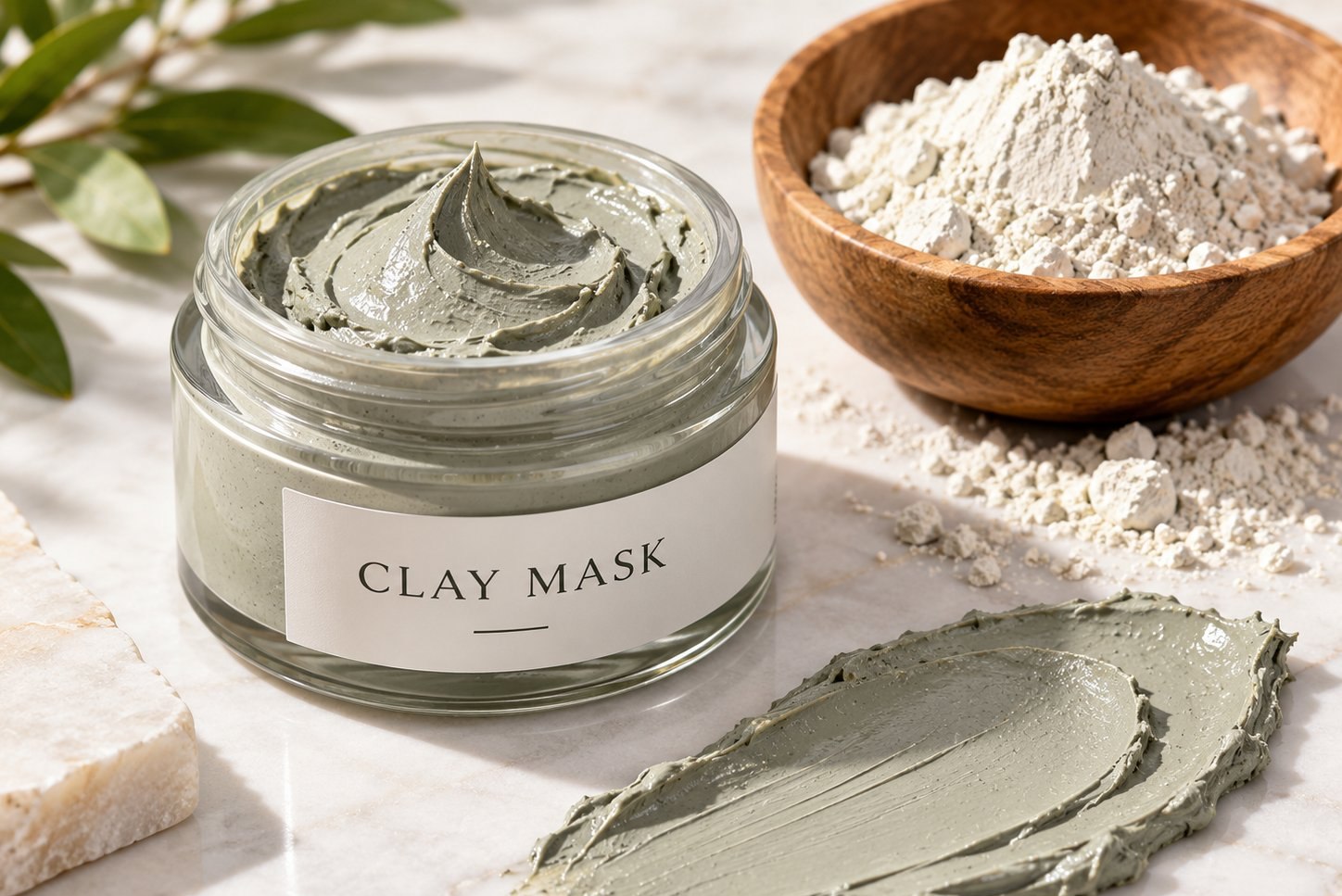 Clay mask jar with product label beside a bowl of kaolin powder