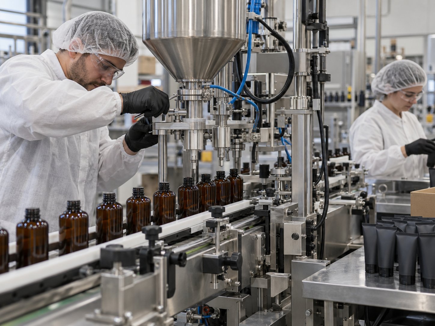 Private label MOQ: a cosmetics filling line prepared for a production run