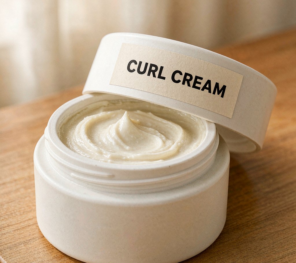 Curl cream jar with product label for fragrance branding