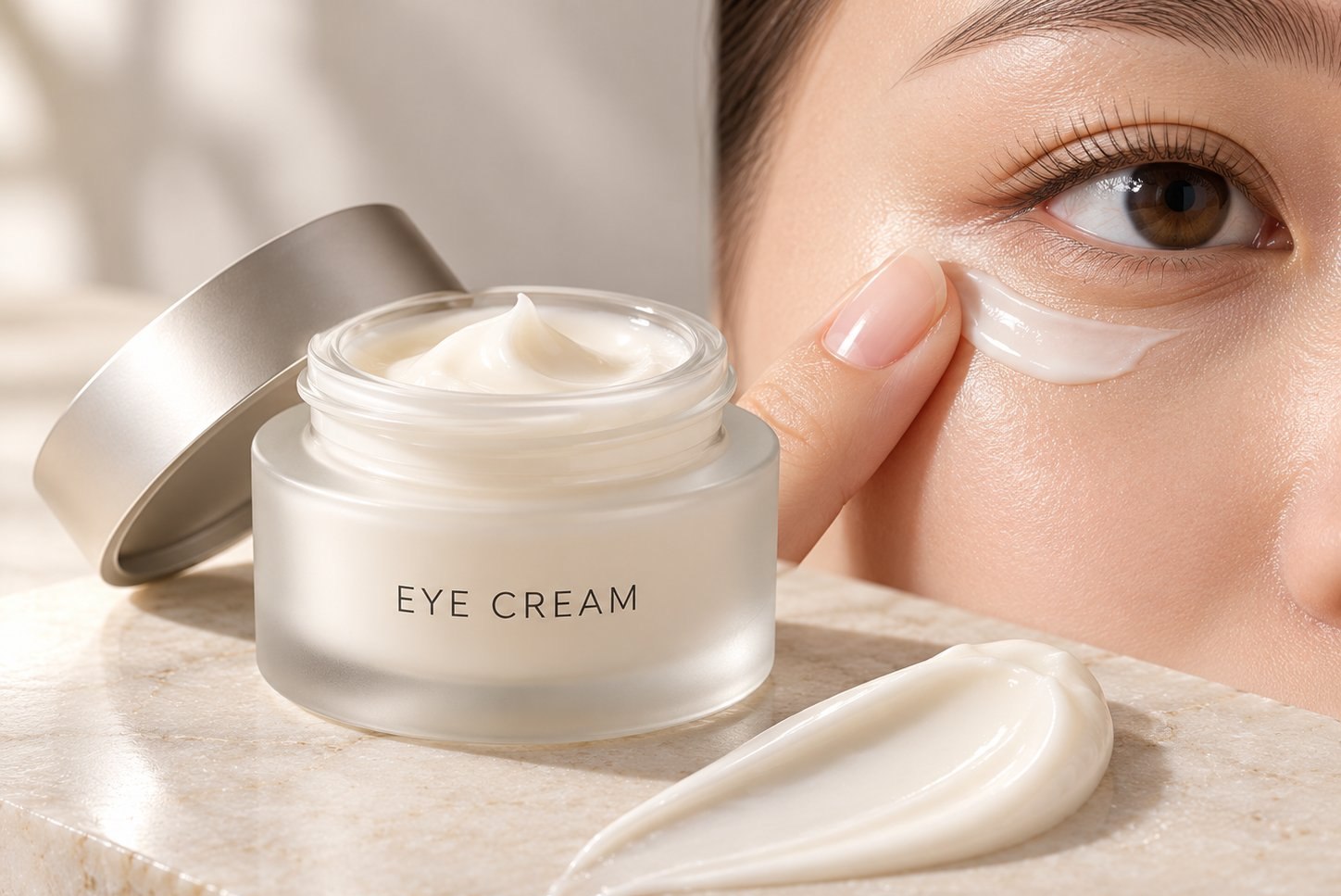 Eye cream frosted jar with product label and cream texture