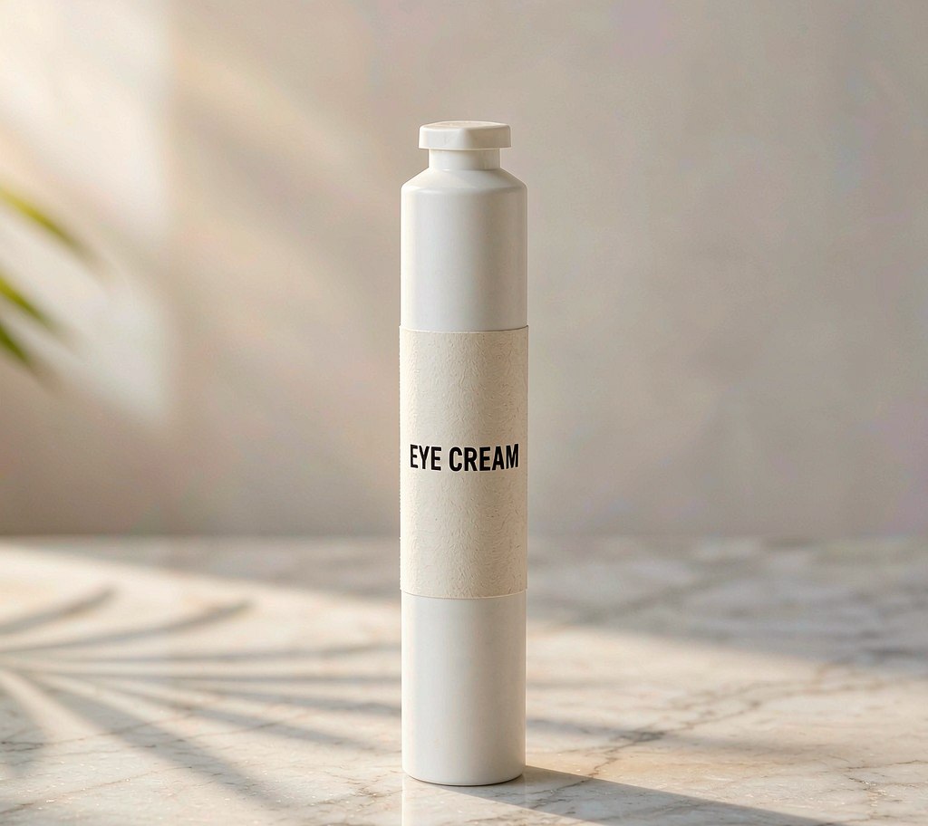 Eye cream tube with product label in morning light