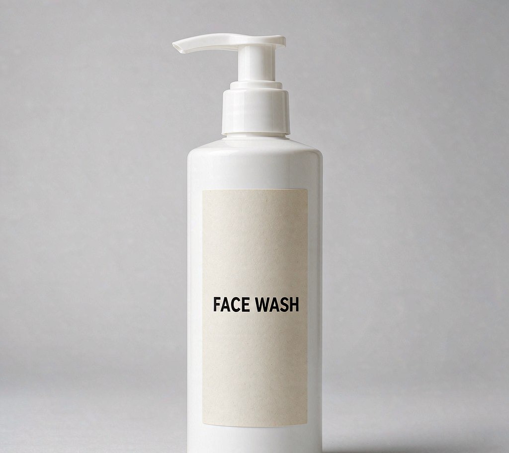 Face wash pump bottle with product label