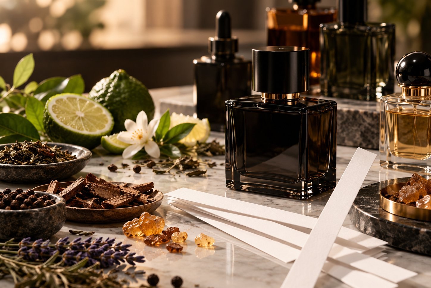 Fragrance selection: dark fragrance bottles with blotter strips and raw notes