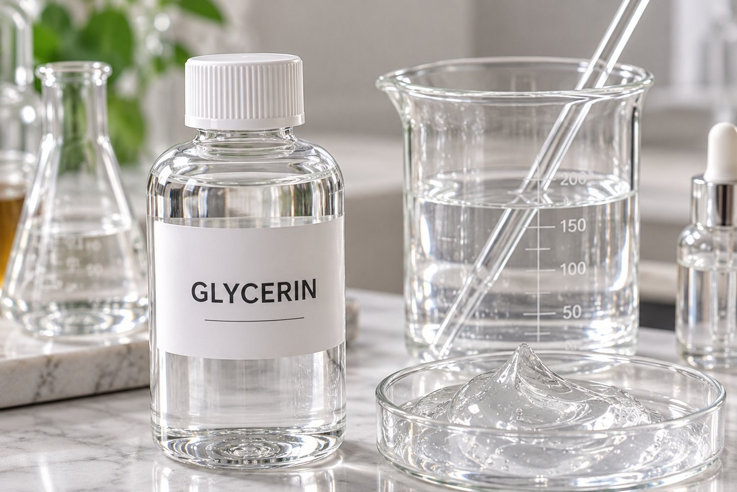 Glycerin bottle with product label beside laboratory beakers