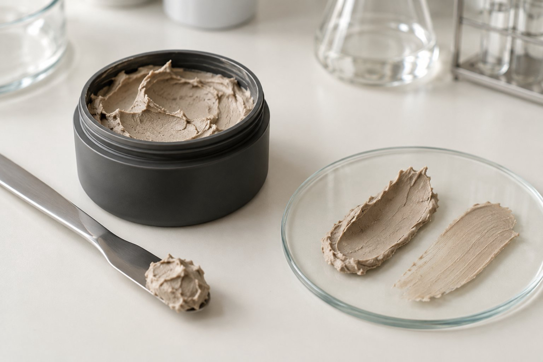 hair clay quality testing sample photographed during a texture and stability check on a lab bench