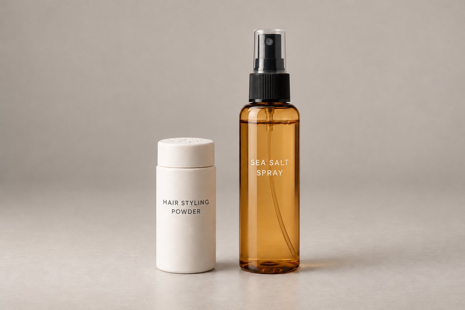 hair powder vs sea salt spray compared side by side on a clean studio background, unbranded
