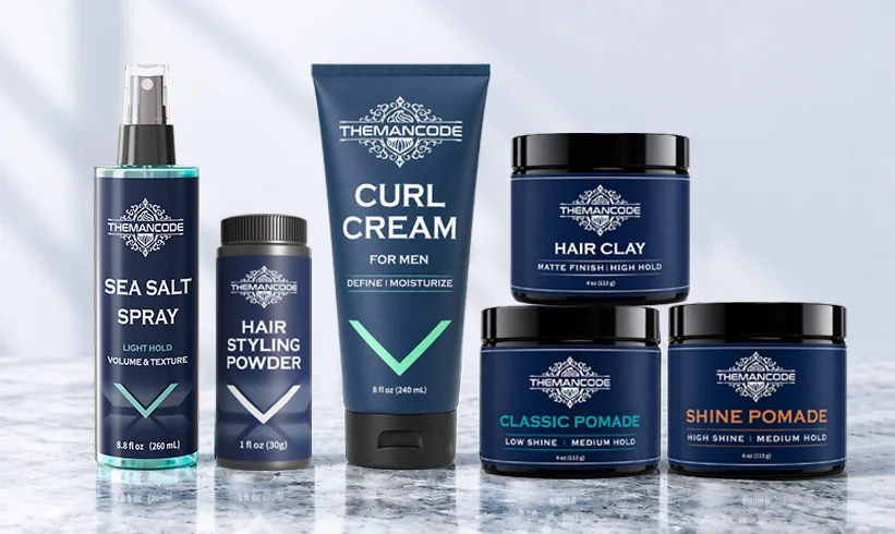 TheManCode hair styling range with sea salt spray, styling powder, curl cream and pomades