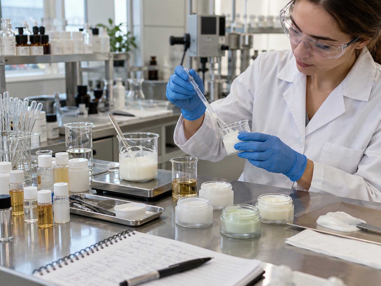 Small batch cosmetics manufacturing: a trial batch prepared in a laboratory