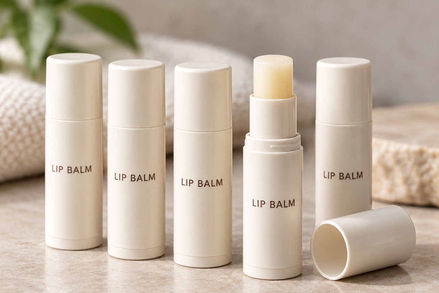Lip balm tubes with product label, one open showing the balm