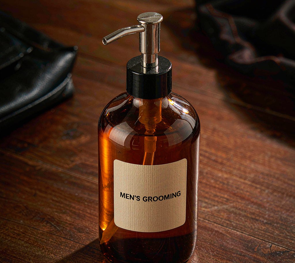Men's grooming products pump bottle with label for Asia-Pacific markets