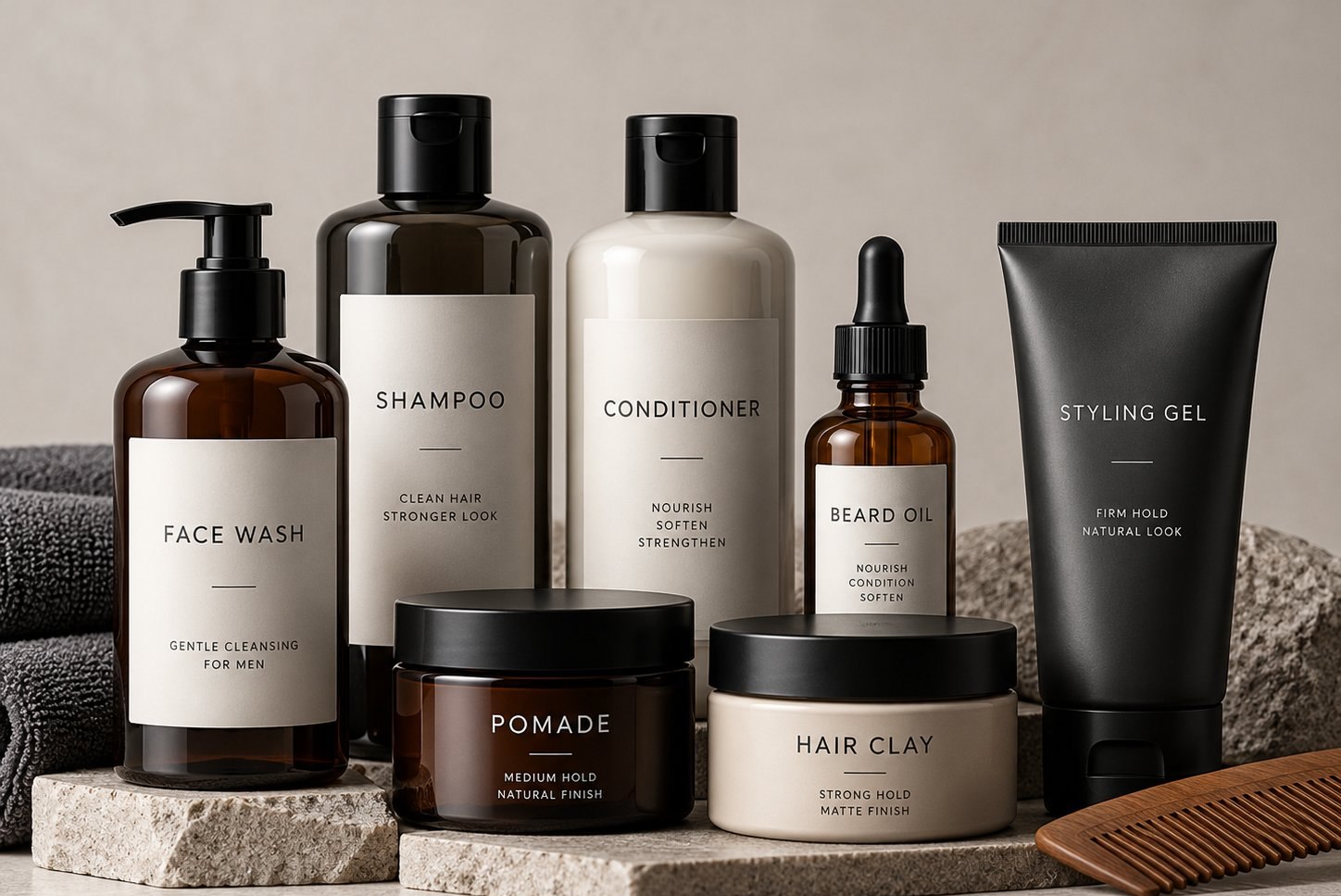Hair wax, pomade and hair clay lineup from a men's styling range