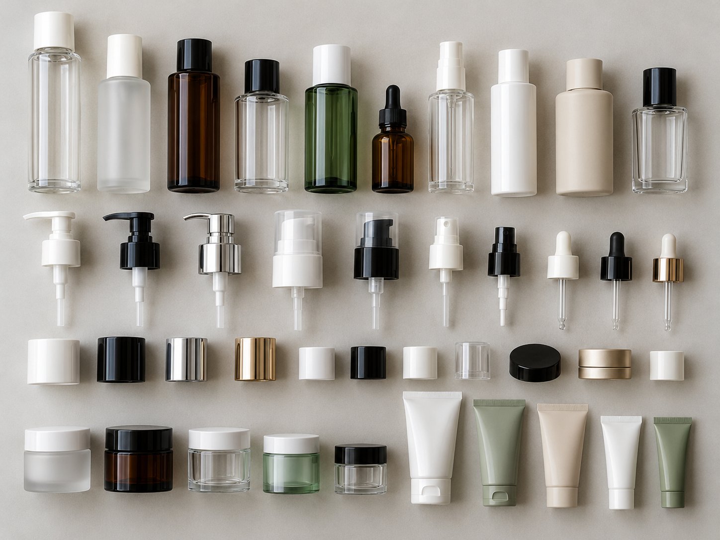 Cosmetic packaging MOQ: stock bottles, pumps, droppers, caps and tubes laid out by type