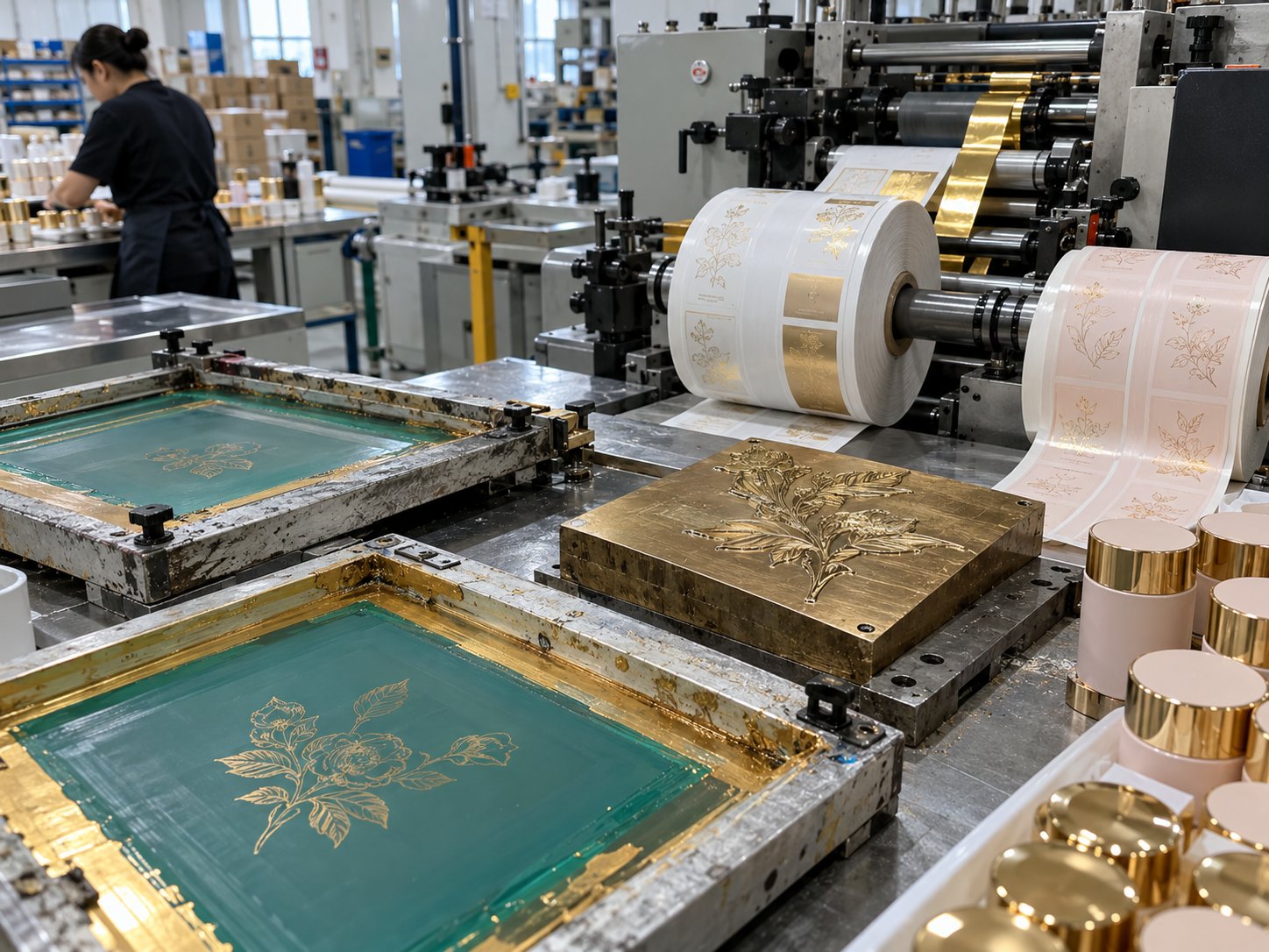 Printing MOQ setup: hot foil stamping plates and screens prepared for a decoration run