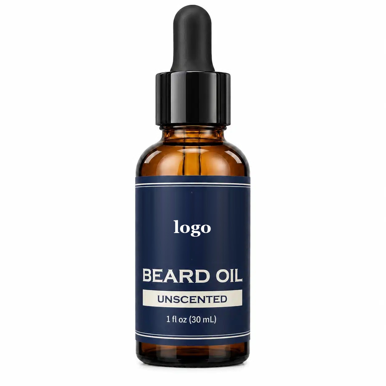 Private label beard oil cost example: 30ml amber glass bottle with glass dropper and logo placeholder label