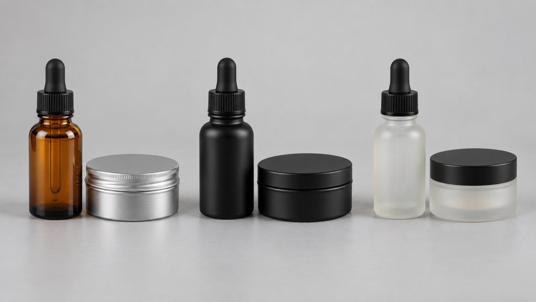 beard oil vs balm packaging: dropper bottle and tin jar side by side on a neutral background