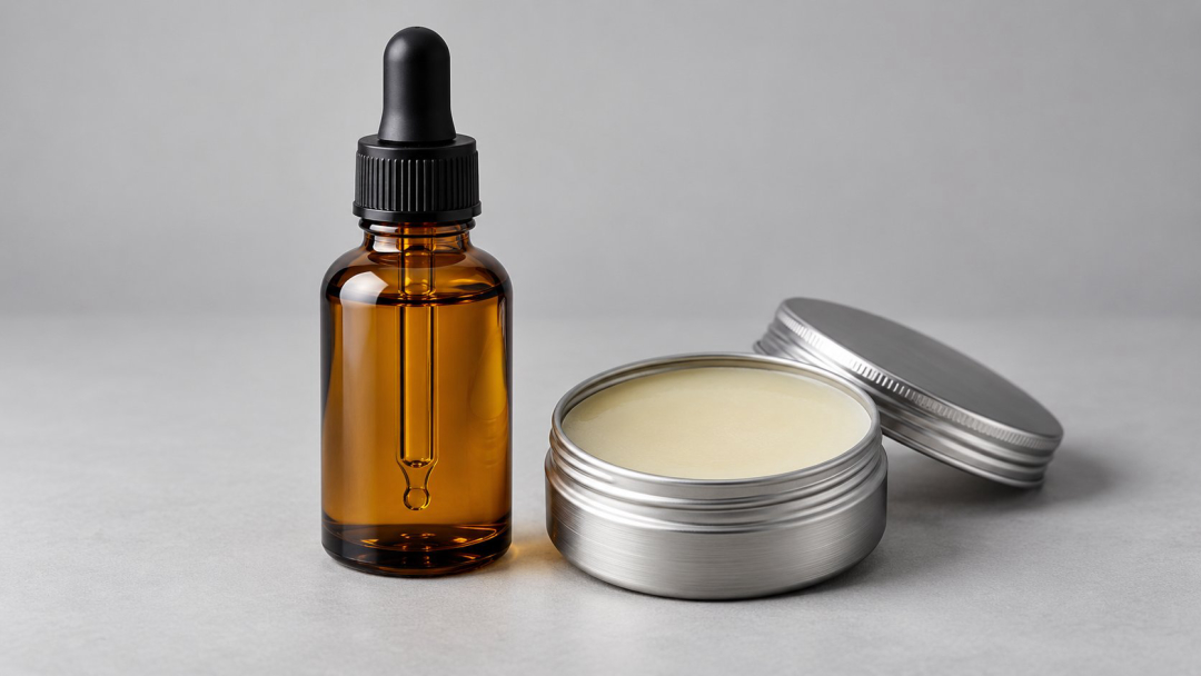beard oil vs balm compared side by side, unbranded dropper bottle and tin jar on a neutral background