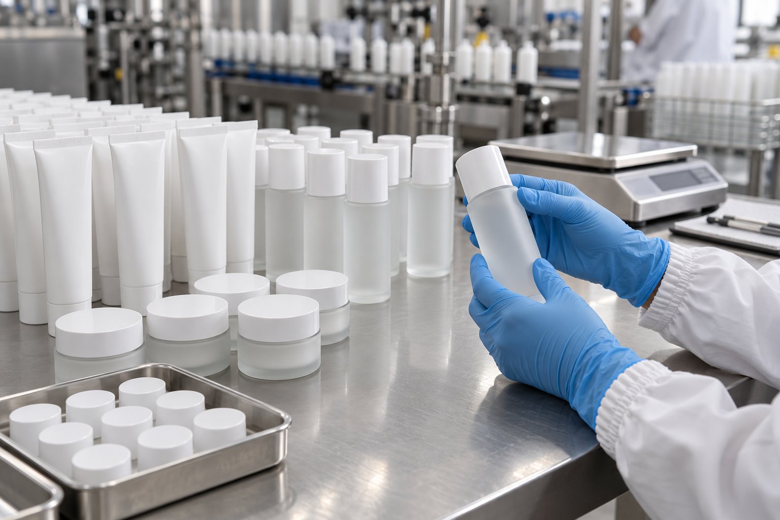 production and inspection stage of a private label mens grooming timeline, unbranded filled bottles checked on the line