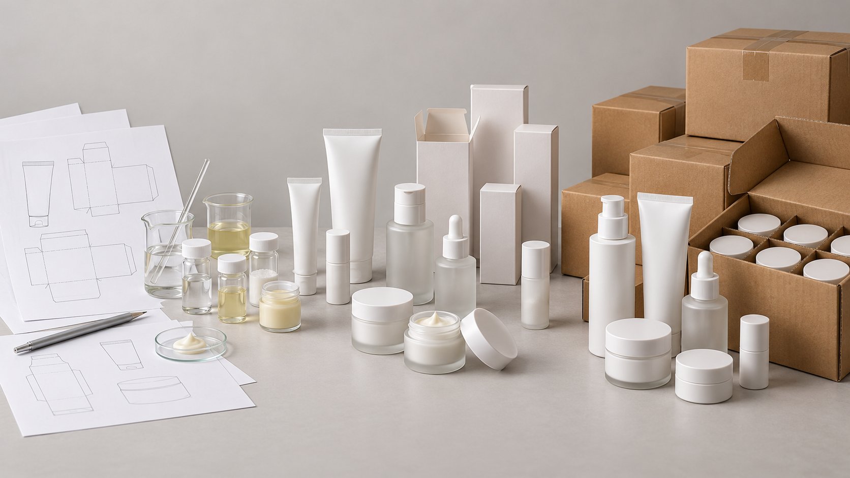 private label mens grooming timeline from brief to shipment, unbranded sample bottles tubes and packaging components arranged by stage on a neutral background