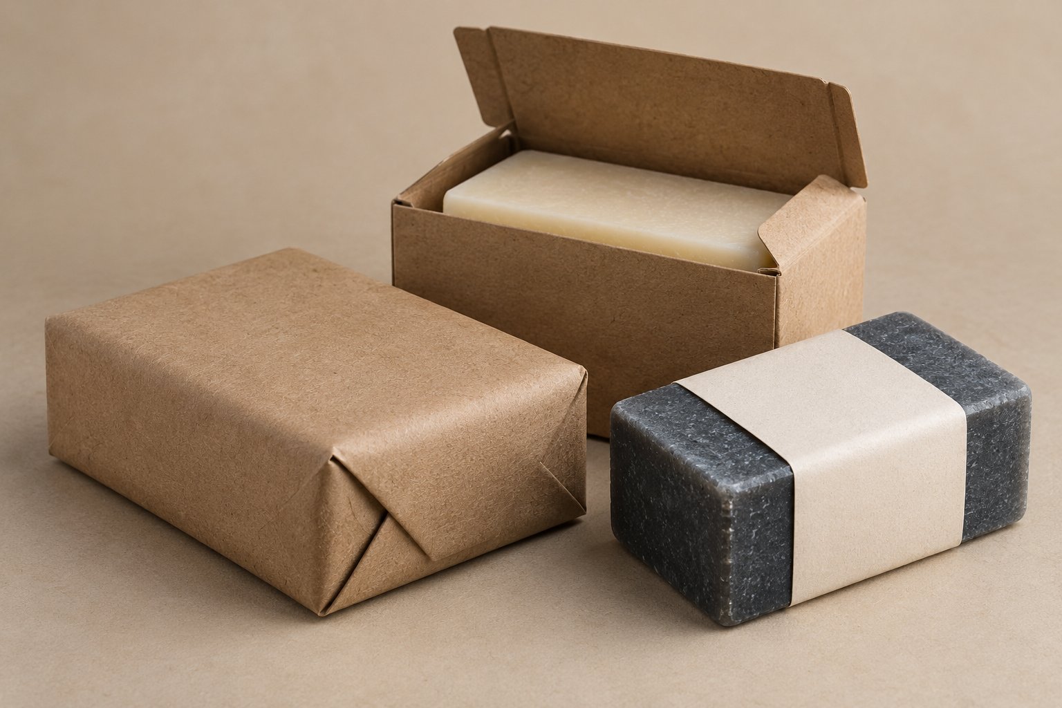 private label mens soap packaging options: paper wrap and kraft carton on a neutral background, unbranded