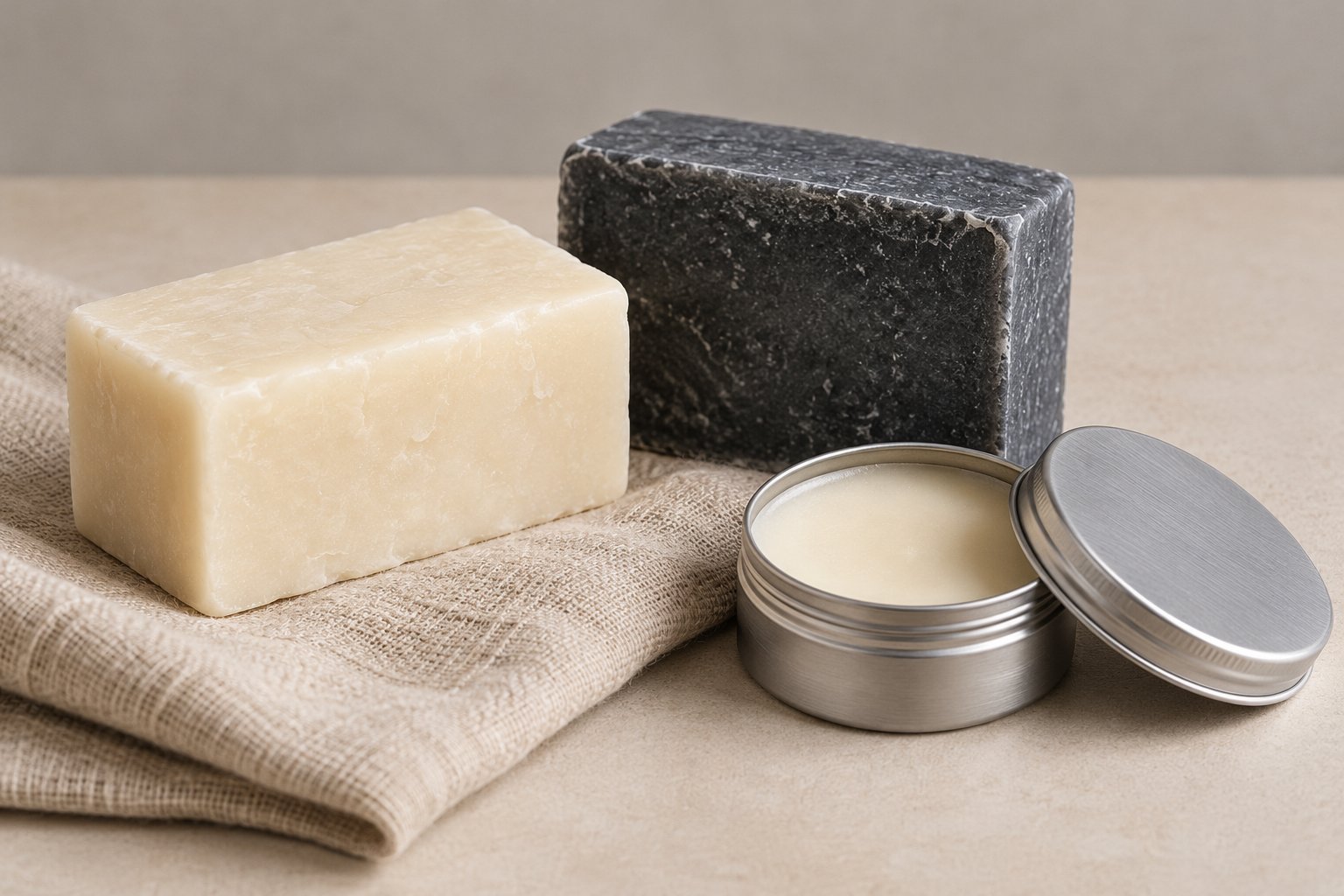 private label mens soap bars arranged as a three-piece set on a neutral background, unbranded