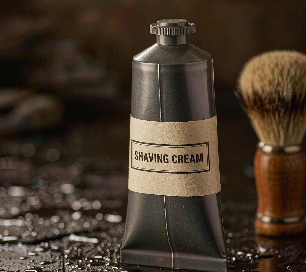 Shaving cream tube with product label and badger brush