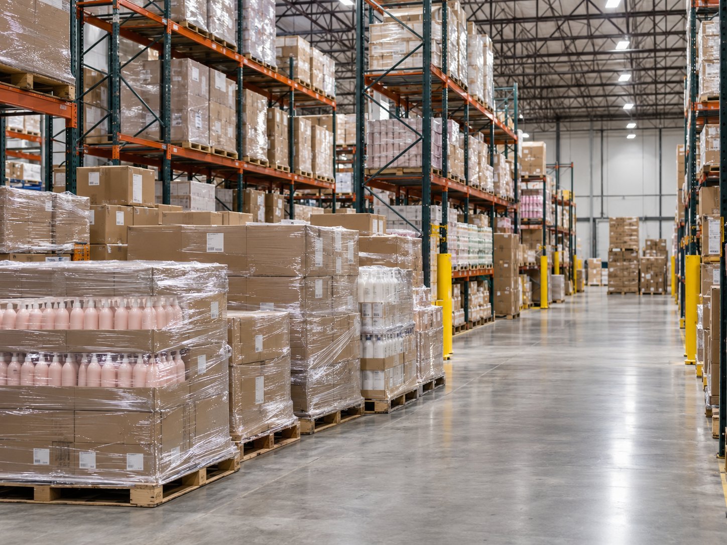 Finished private label orders stacked on pallets in a warehouse